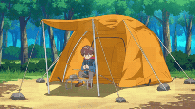 Boy Sitting In Orange Tent With Fishing Rod GIF