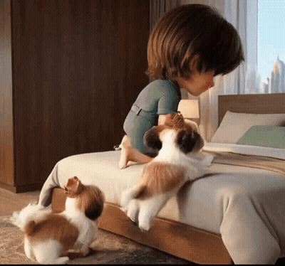 Boy Sitting On Bed With Two Puppies GIF