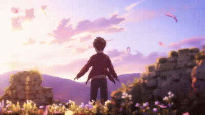 Boy Standing In Field Of Flowers With Arms Outstretched GIF