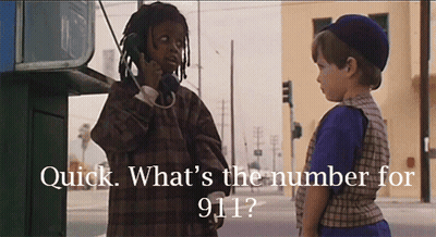 Boy Talking On Phone Next To Boy Saying Quick What's The Number For 911 GIF