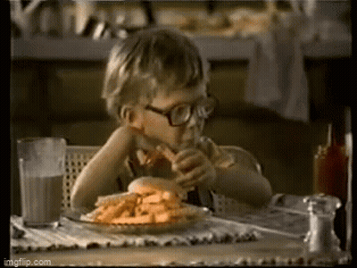 Boy Wearing Glasses Eating Fries And Hamburger GIF