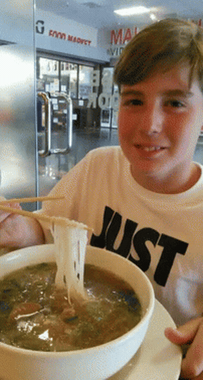 Boy Wearing Just Shirt Eating Soup GIF