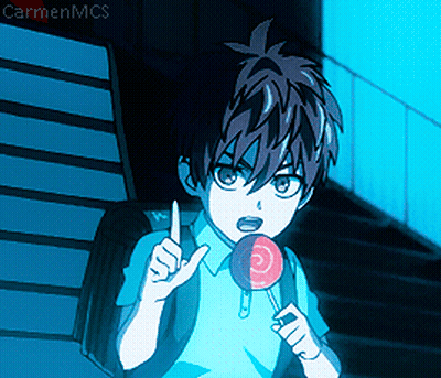 Boy With Backpack Holding Lollipop And Peace Sign GIF