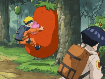 Boy With Backpack Standing Beside Giant Tomato In Forest GIF