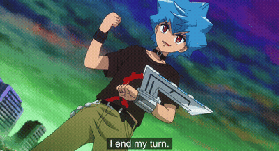 Boy With Blue Hair And Black Shirt Says I End My Turn GIF