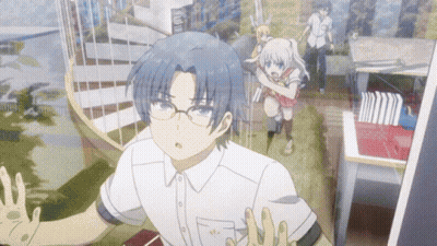 Boy With Blue Hair And Glasses In Front Of Girl GIF