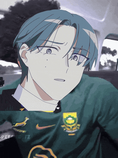 Boy With Blue Hair And Green Shirt Saying Nike GIF