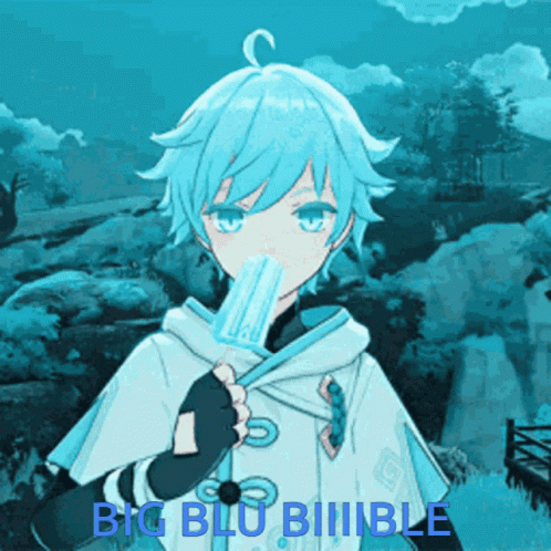 Boy With Blue Hair Eating Popsicle, Words Big Blu Biiiible GIF