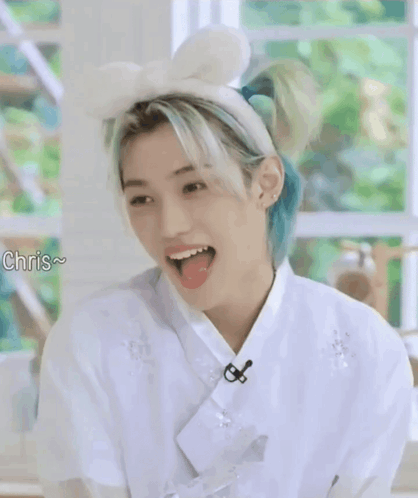 Boy With Blue Hair In White Shirt And Bunny Ear Headband GIF
