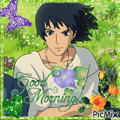 Boy With Flowers And Butterflies Good Morning GIF