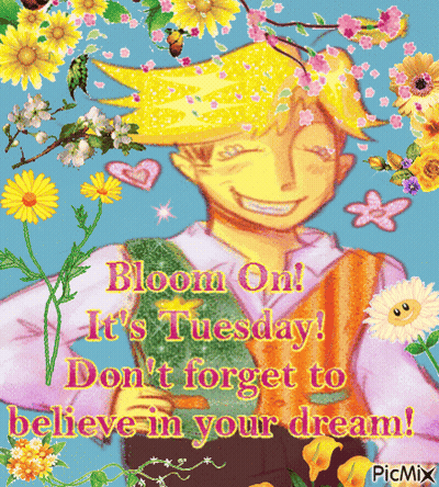 Boy With Flowers Saying Bloom On GIF