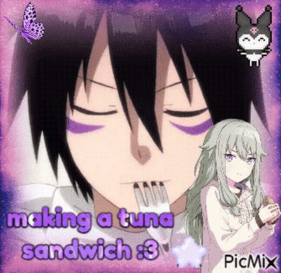 Boy With Fork In Mouth Making Tuna Sandwich GIF