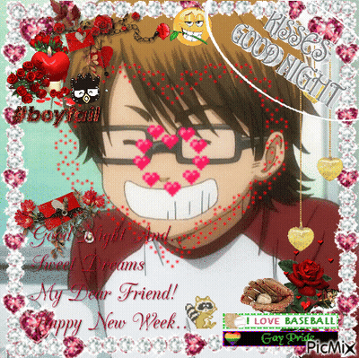 Boy With Glasses And Hearts Says Kisses Good Night GIF