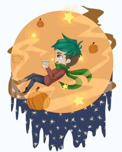 Boy With Green Hair Sitting On Pumpkin Holding Cup GIF