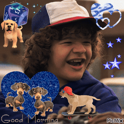 Boy With Hat And Dachshund On Skateboard Saying Good Morning GIF