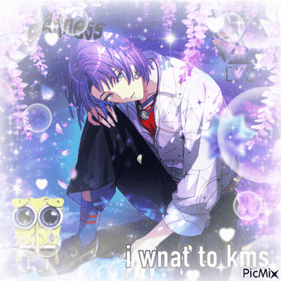 Boy With Purple Hair And KMS Text GIF