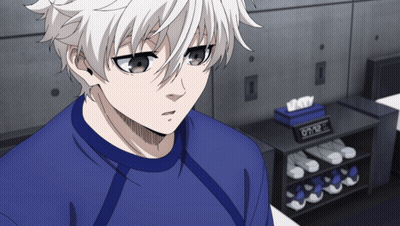Boy With White Hair And Blue Shirt Looking GIF