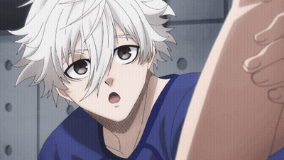 Boy With White Hair And Blue Shirt Looking GIF