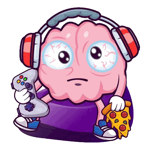 Brain Wearing Headphones Holding Game Controller And Pizza Sticker