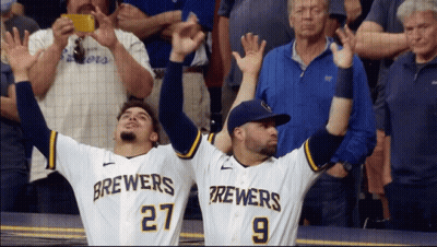 Brewers Players 27 And 9 Celebrating Arms Up GIF