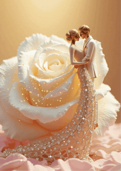 Bride And Groom Figurine Next To White Rose GIF