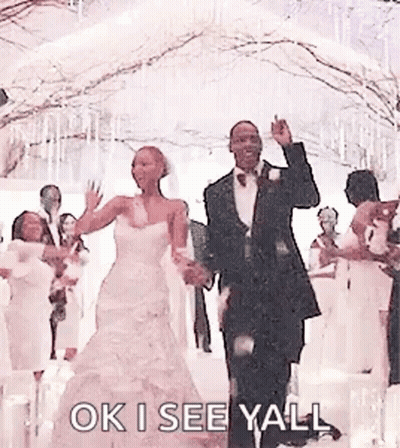Bride And Groom Walking Down Aisle Saying Ok I See Yall GIF