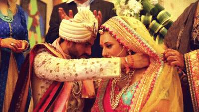 Bride And Groom With Yellow Veil GIF