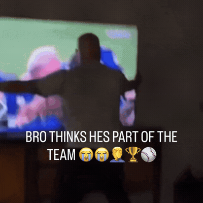 Bro Thinks He's Part Of The Team With Baseball And Trophy GIF