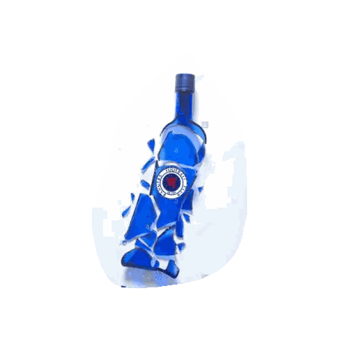 Broken Blue Vodka Bottle With Red Circle Sticker