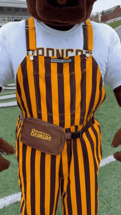 Broncos Mascot In Overalls And Brown Belt GIF
