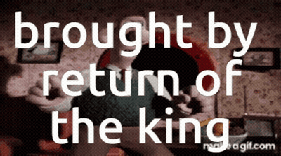 Brought By Return Of The King Is Written In White Letters On A Dark Background GIF