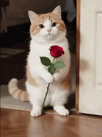 Brown And White Cat Holding Rose GIF