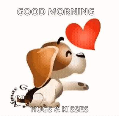 Brown And White Dog Blowing Red Heart Saying Good Morning Hugs & Kisses GIF