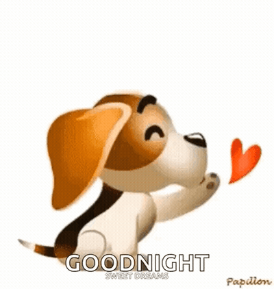 Brown and White Dog Holding Red Heart Saying Goodnight