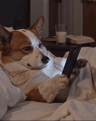Brown And White Dog Laying On Bed Using Cell Phone GIF