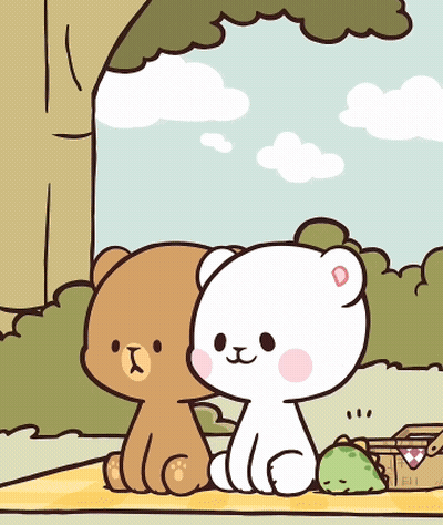 Brown Bear And White Bear Sitting On Checkered Blanket GIF