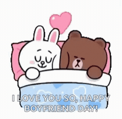 Brown Bear And White Rabbit Laying In Bed With Heart Balloon GIF