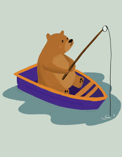 Brown Bear Fishing In A Boat With Fishing Rod GIF
