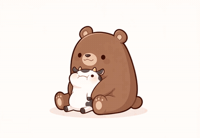 Brown Bear Holding Cow With Pink Hearts GIF