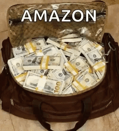 Brown Duffel Bag Full Of Money With Amazon Logo GIF