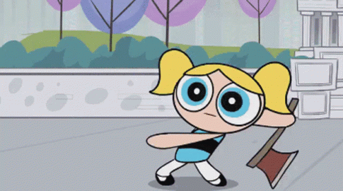 Bubbles From The Powerpuff Girls Is Holding A Red Axe GIF