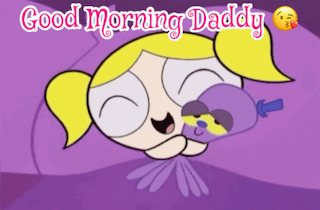 Bubbles From The Powerpuff Girls Is Sleeping On A Pillow With The Words Good Morning Daddy Above Her GIF