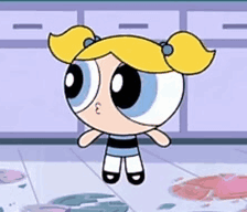 Bubbles From The Powerpuff Girls Is Standing In A Messy Room . GIF