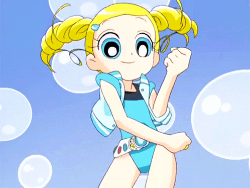 Bubbles From The Powerpuff Girls Is Wearing A Blue Bathing Suit GIF