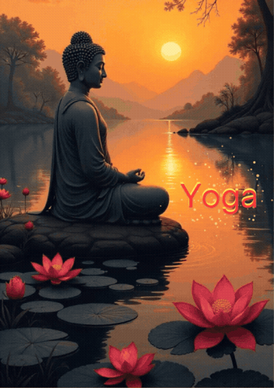 Buddha Sitting On Rock Overlooking Water With Yoga GIF