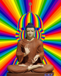 Buddha With Rainbow Colored Halo Of Light