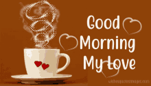 Buenos Dias Amor Steaming Coffee Two Hearts Animation GIF