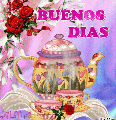 Buenos Dias Greeting Card With Teapot And Two Cups GIF