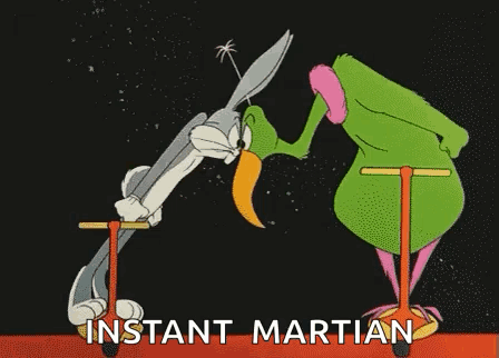 Bugs Bunny And A Green Bird Are Standing Next To Each Other On A Pogo Stick In A Cartoon . GIF