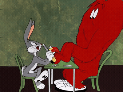 Bugs Bunny And A Red Monster Are Playing A Game Of Cards GIF
